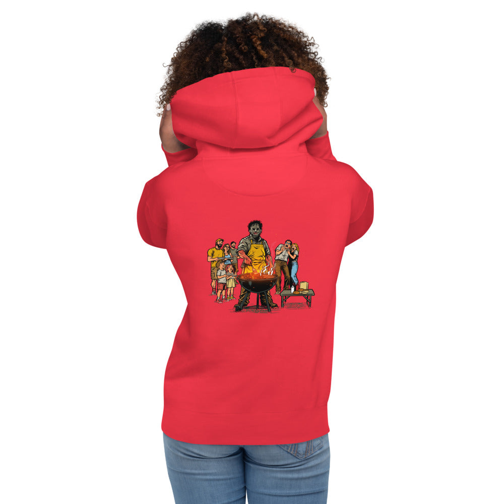 Hoodie Leatherface Backyard BBQ Terrified Guests - Modelo femenina espalda