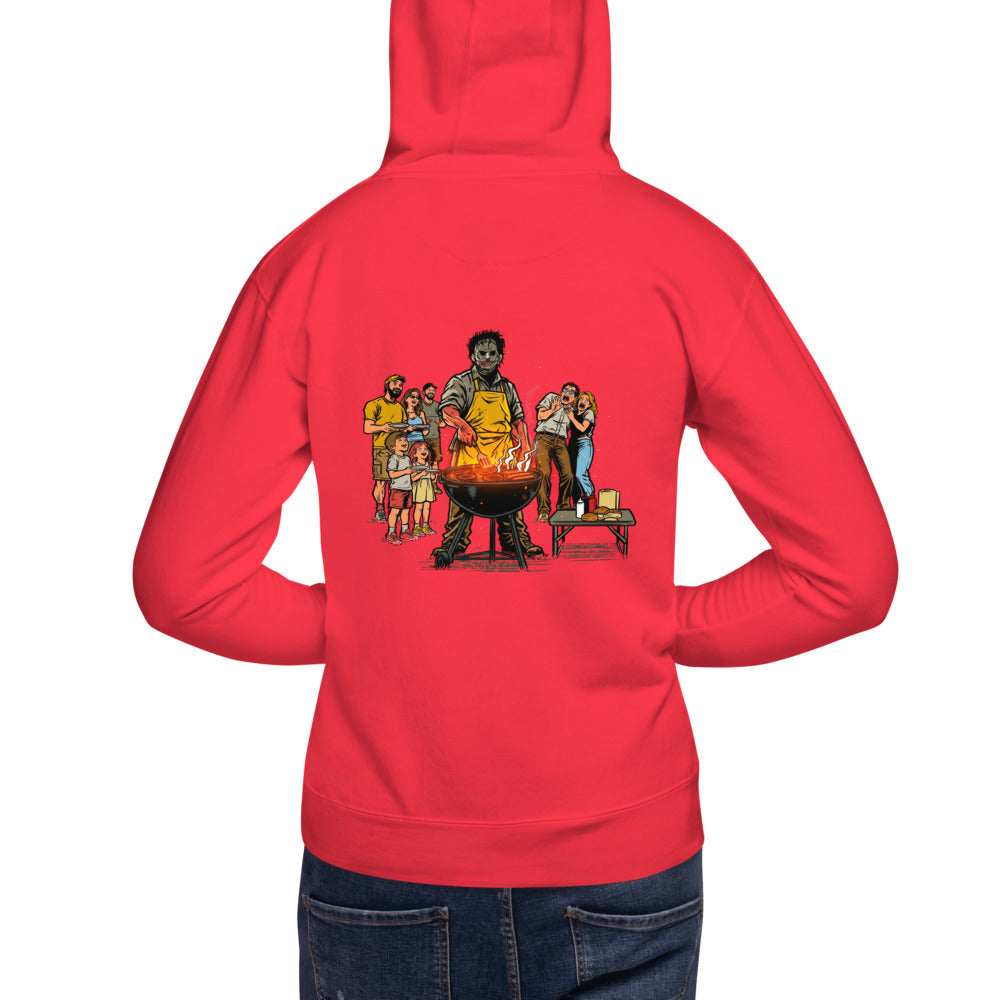 Hoodie Leatherface Backyard BBQ Terrified Guests - Modelo masculino espalda