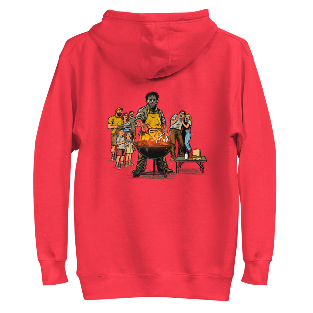Hoodie Leatherface Backyard BBQ Terrified Guests - Plano