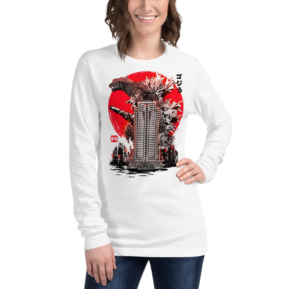 Manga larga Godzilla Sumi-e Red Sun Skyscraper - Modelo femenina