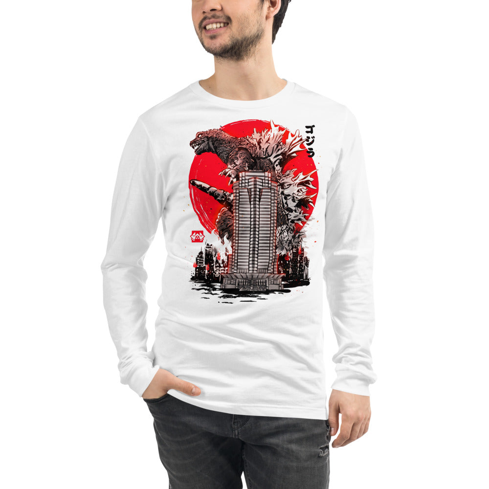 Manga larga Godzilla Sumi-e Red Sun Skyscraper - Modelo masculino