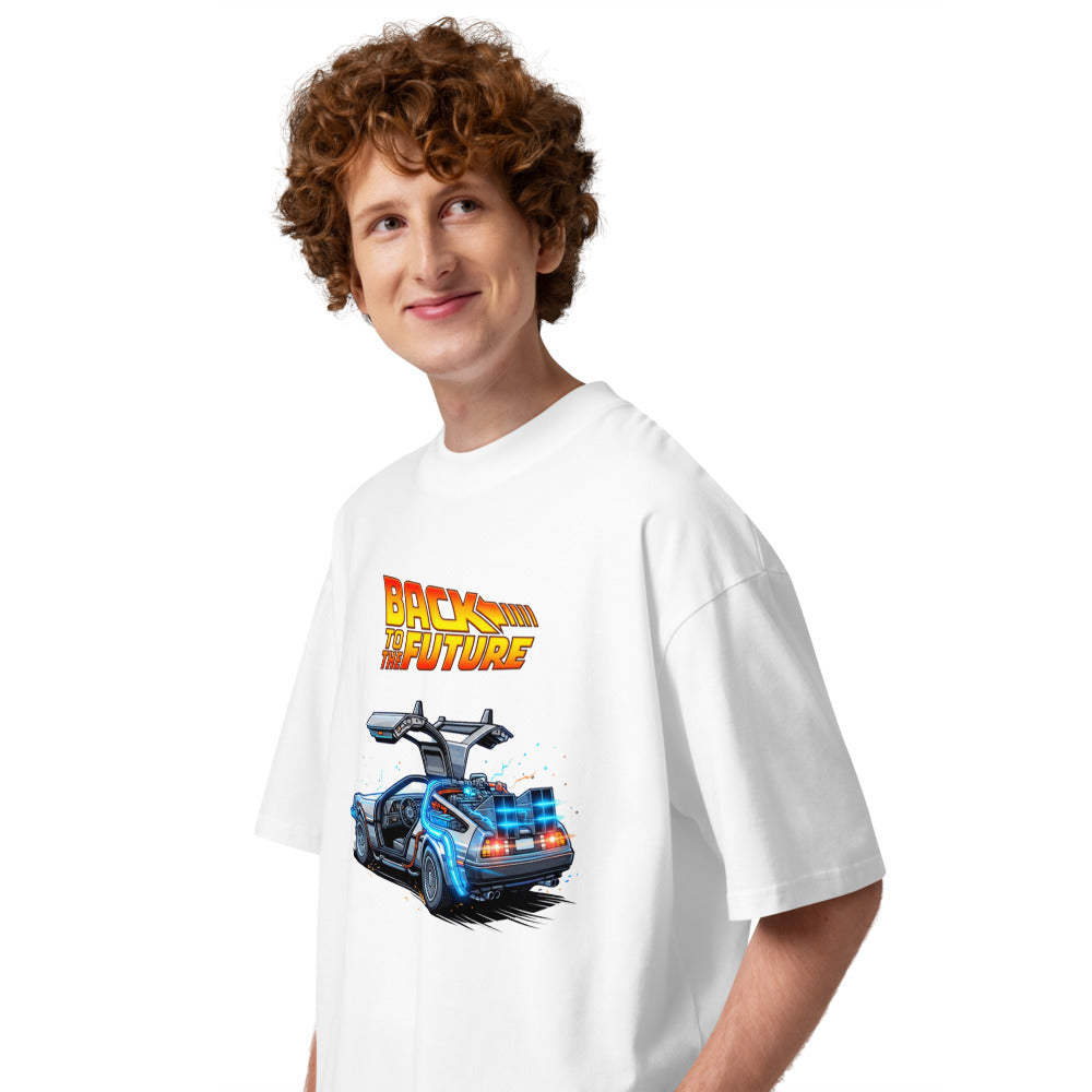 Oversize Back To The Future DeLorean Blue Glow - Modelo masculino lateral