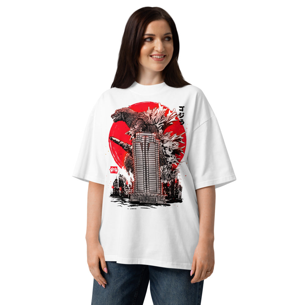 Oversize Godzilla Sumi-e Red Sun Skyscraper - Modelo femenina