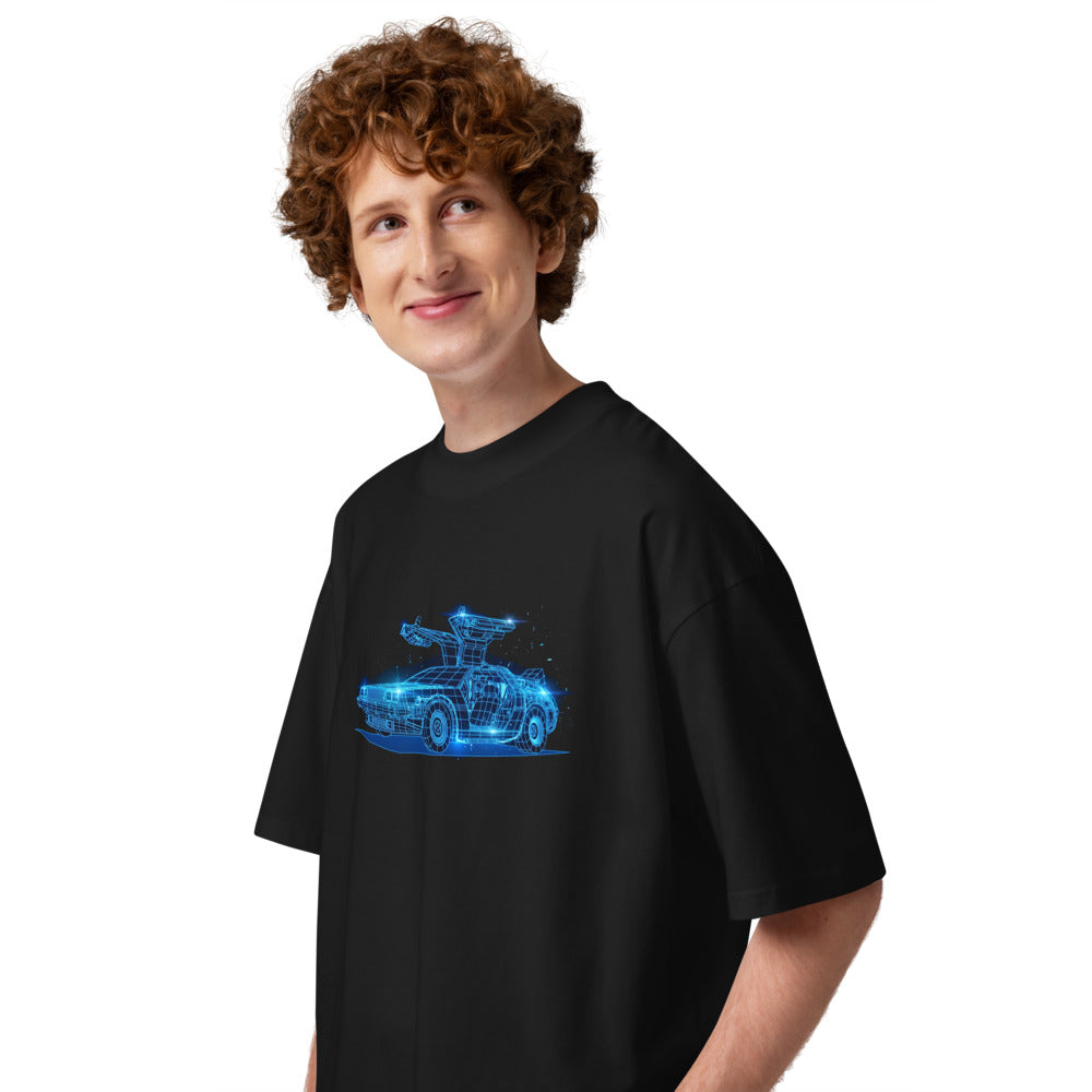 Oversize Back To The Future DeLorean Neon Wireframe - Modelo masculino lateral