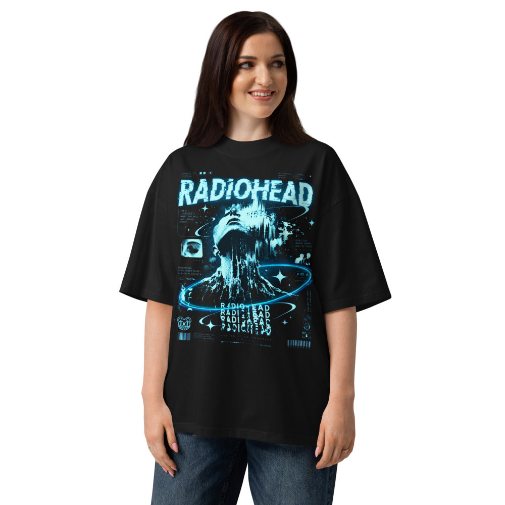 Oversize Radiohead Kid A Cyan Glitch Face - Modelo femenina
