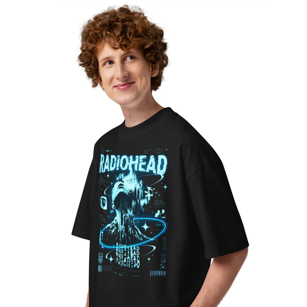 Oversize Radiohead Kid A Cyan Glitch Face - Modelo masculino lateral