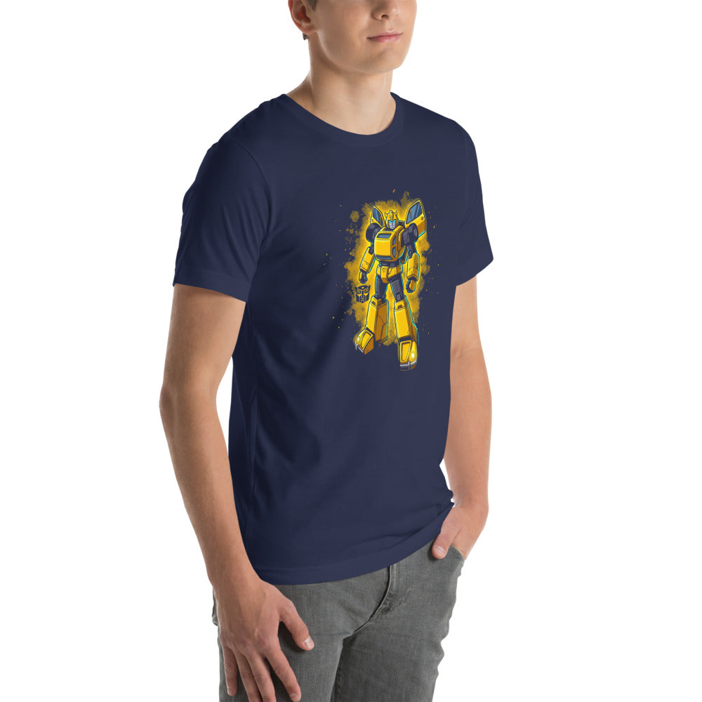 Playera Bumblebee Autobot Yellow Glow Dust Cloud - Modelo masculino lateral