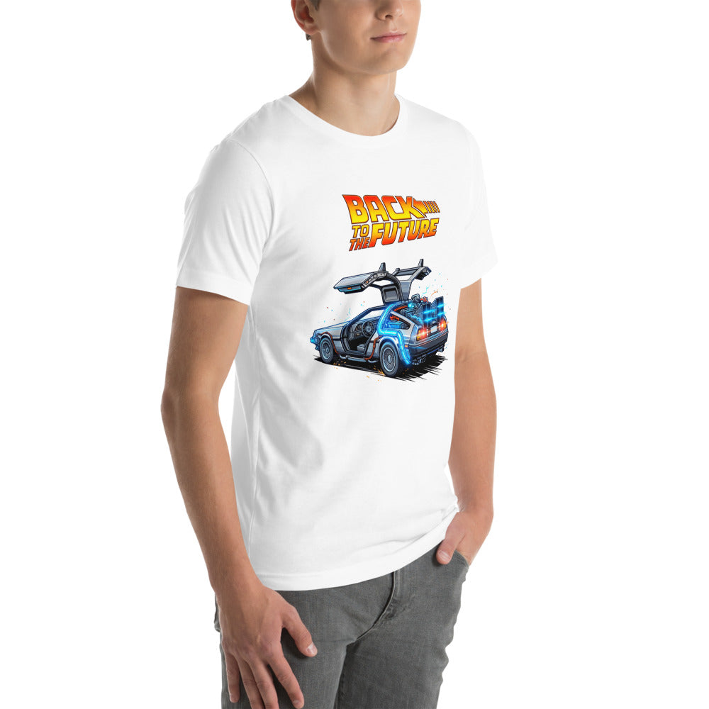 Playera Back To The Future DeLorean Blue Glow - Modelo masculino lateral