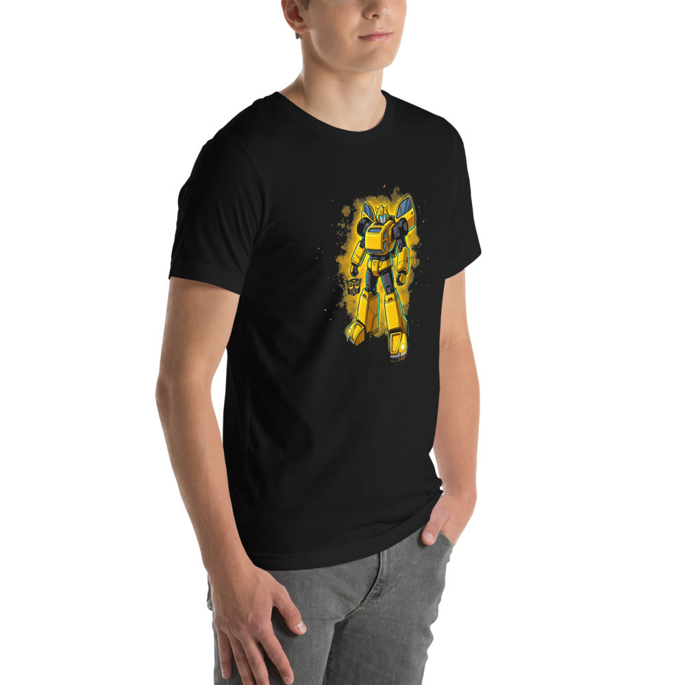 Playera Bumblebee Autobot Yellow Glow Dust Cloud - Modelo masculino lateral