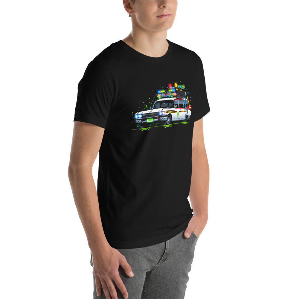 Playera Ghostbusters Ecto-1 Green Slime Roof Lights - Modelo masculino lateral