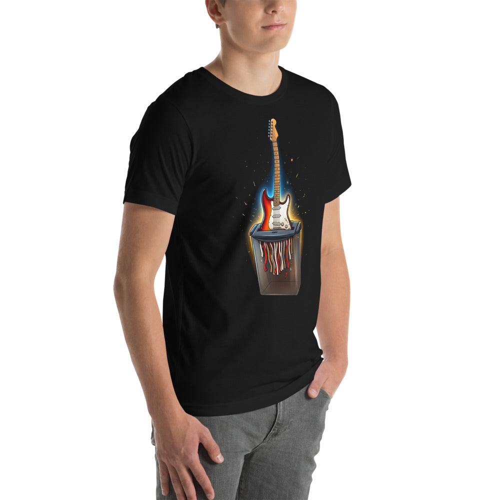 Playera Guitar Shredder Sunburst Paper Shredder - Modelo masculino lateral