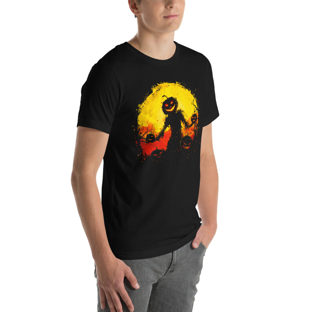 Playera Halloween Pumpkin Scarecrow Moon - Modelo masculino lateral