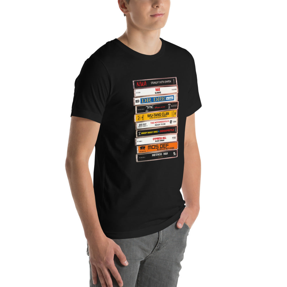 Playera Hip Hop Cassette Stack NWA 2Pac Wu-Tang - Modelo masculino lateral
