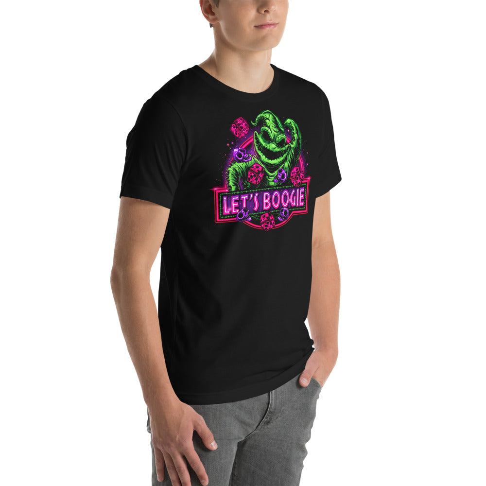 Playera Oogie Boogie Lets Boogie Neon Dice - Modelo masculino lateral
