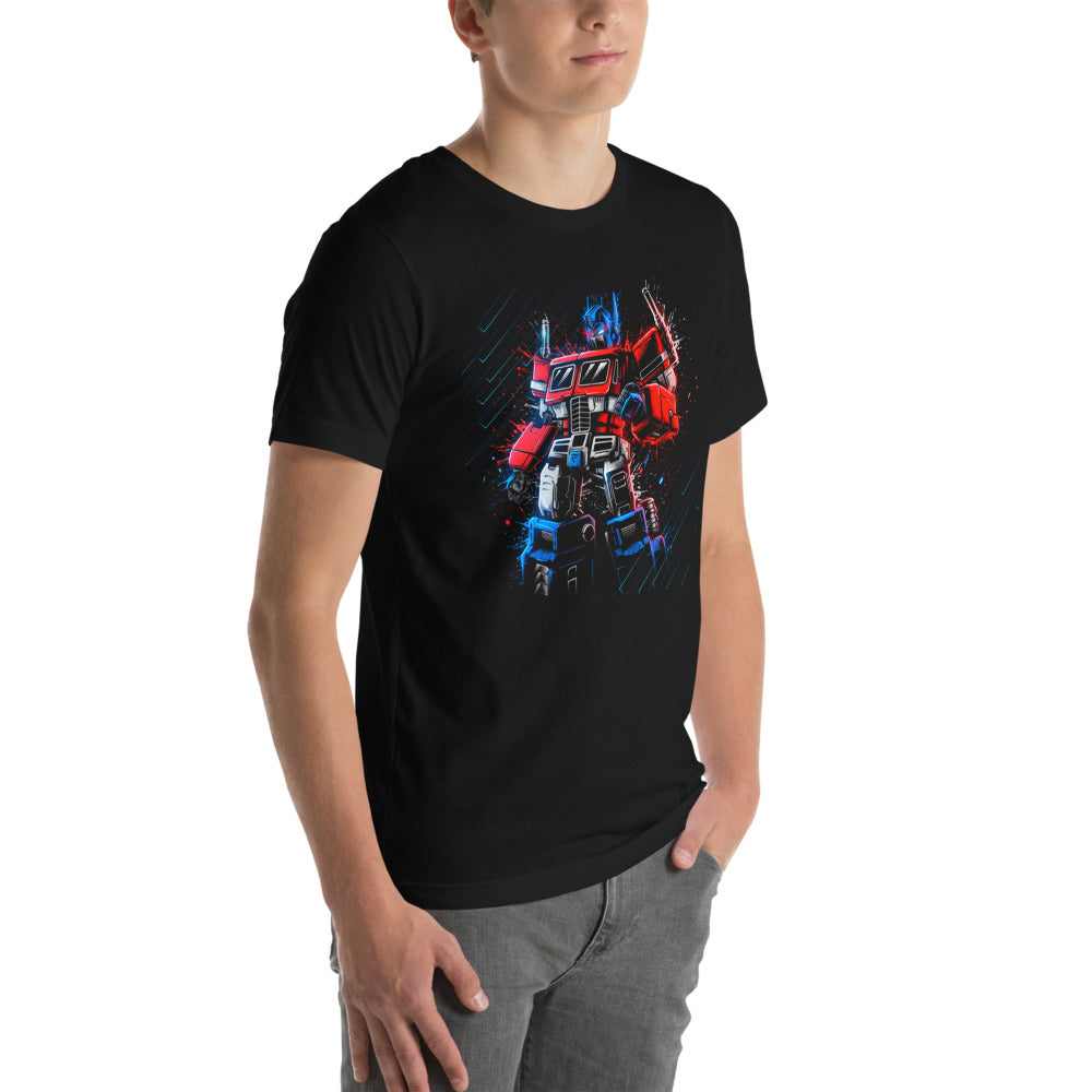 Playera Optimus Prime Neon Paint Splatter - Modelo masculino lateral