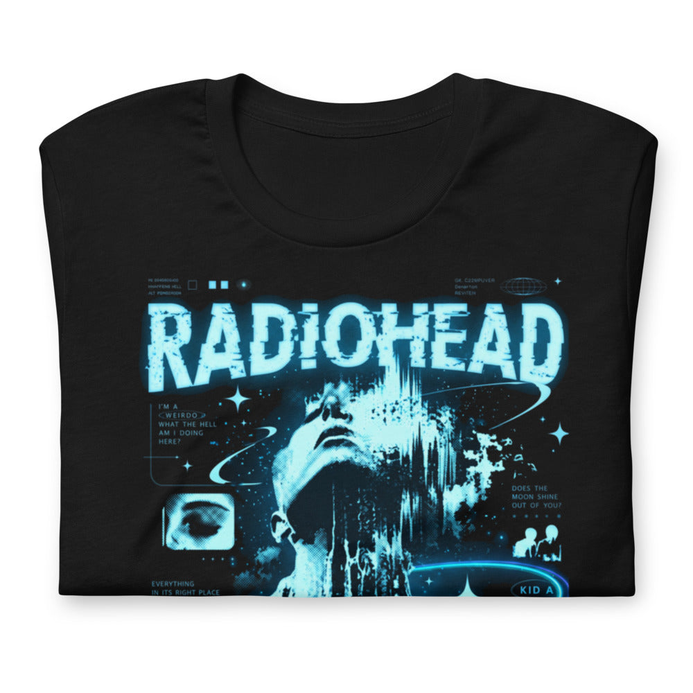 Playera Radiohead Kid A Cyan Glitch Face - Doblado