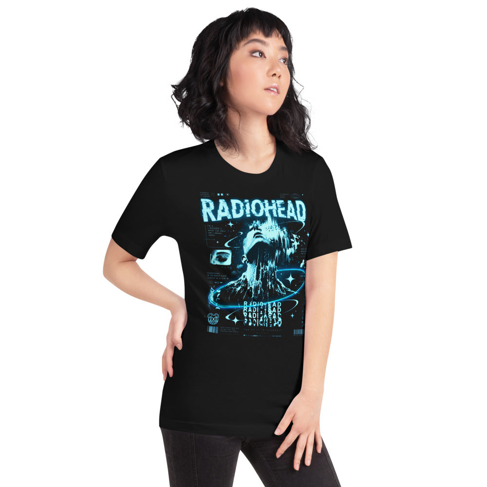 Playera Radiohead Kid A Cyan Glitch Face - Modelo femenina