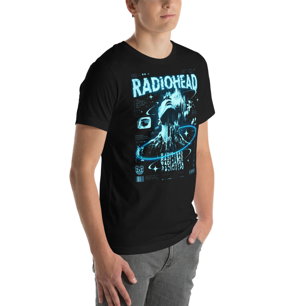 Playera Radiohead Kid A Cyan Glitch Face - Modelo masculino lateral