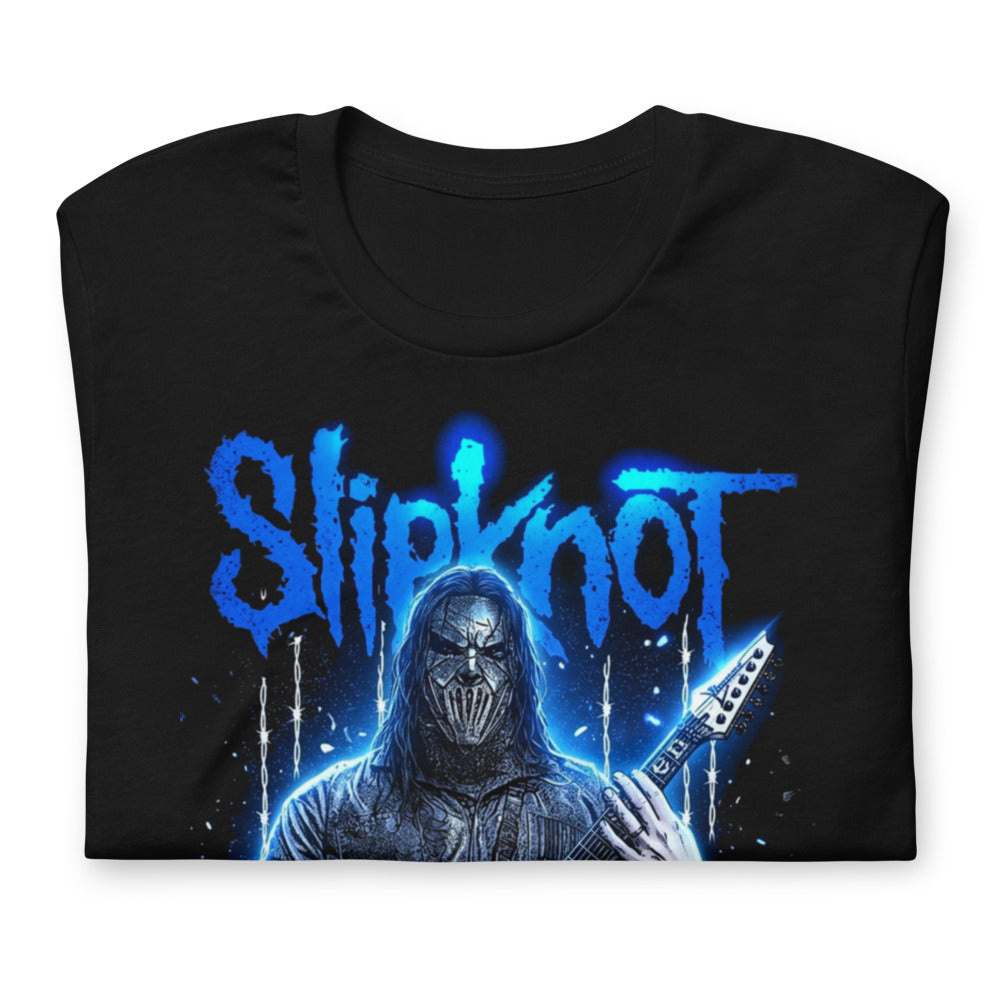 Playera Slipknot Blue Neon Mask White Guitar - Doblado