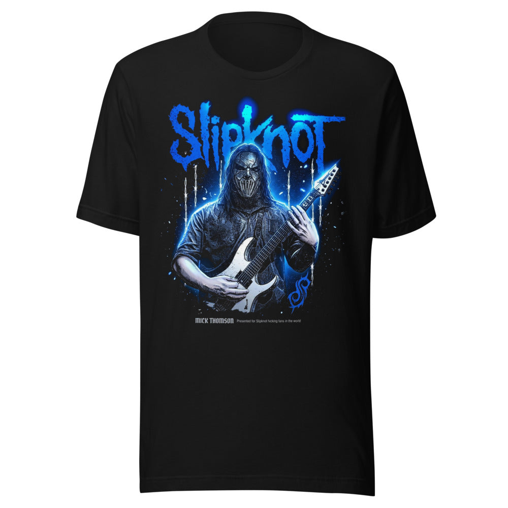 Playera Slipknot Blue Neon Mask White Guitar - Frente grande