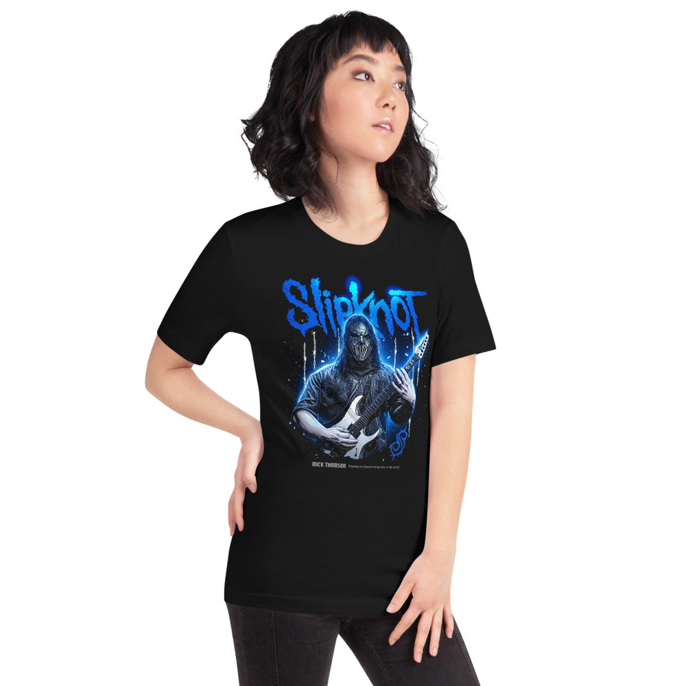 Playera Slipknot Blue Neon Mask White Guitar - Modelo femenina