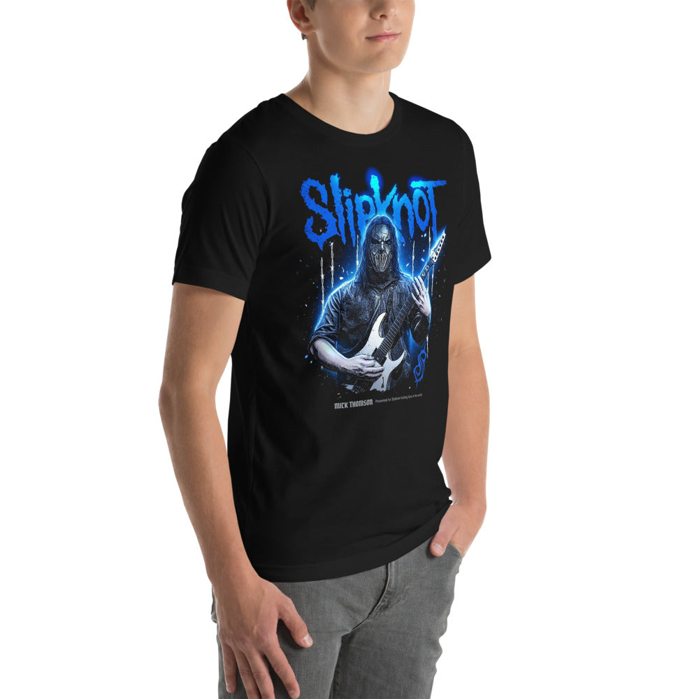 Playera Slipknot Blue Neon Mask White Guitar - Modelo masculino lateral