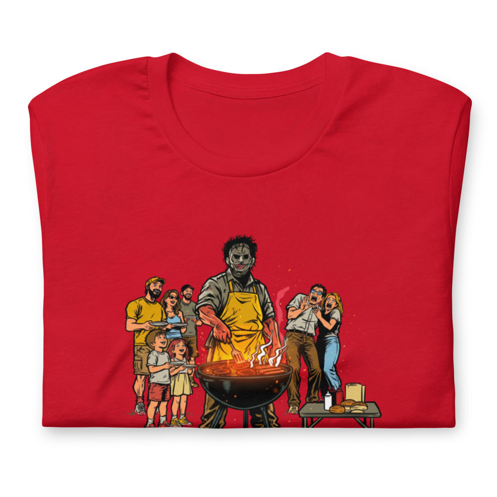Playera Leatherface Backyard BBQ Terrified Guests - Doblado