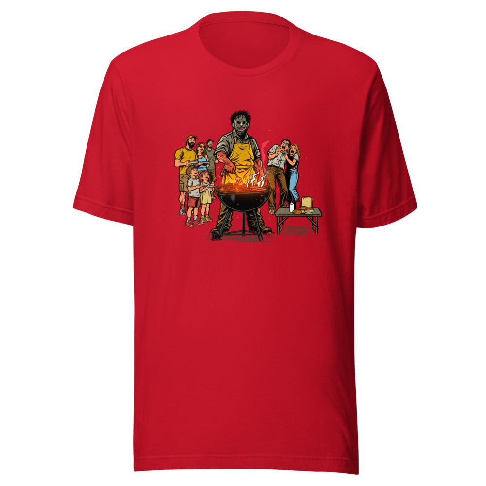Playera Leatherface Backyard BBQ Terrified Guests - Frente grande