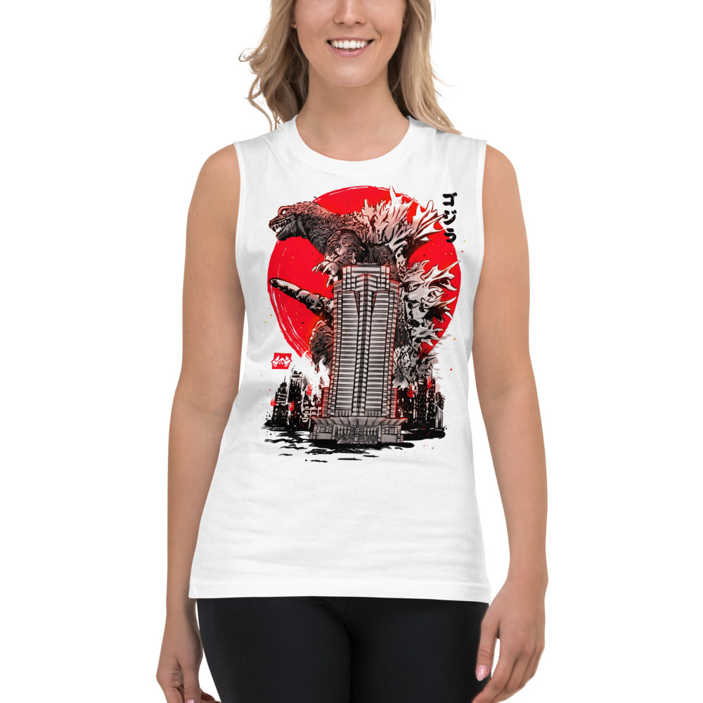 Sin Mangas Godzilla Sumi-e Red Sun Skyscraper - Modelo femenina
