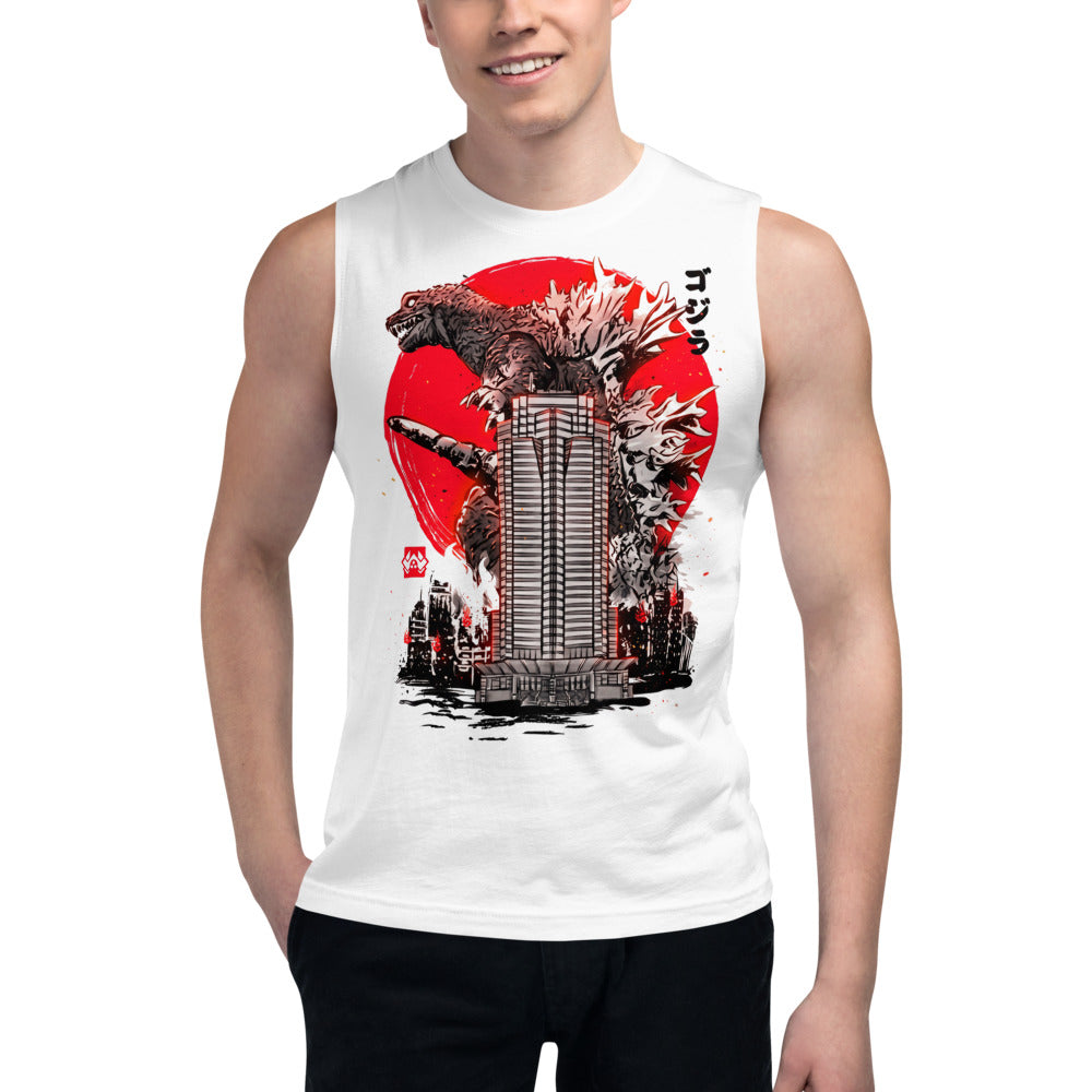 Sin Mangas Godzilla Sumi-e Red Sun Skyscraper - Modelo masculino
