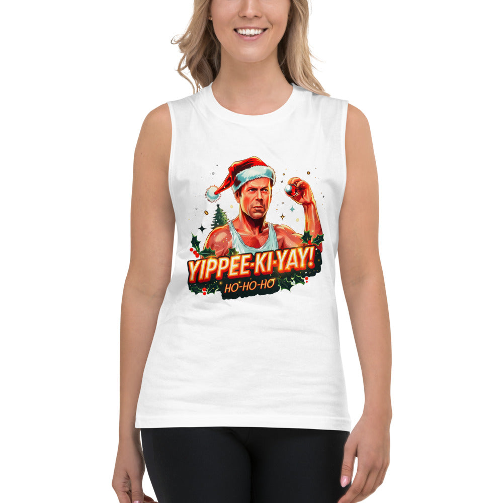 Sin Mangas Yippee Ki Yay Ho Ho Ho Santa Hat - Modelo femenina