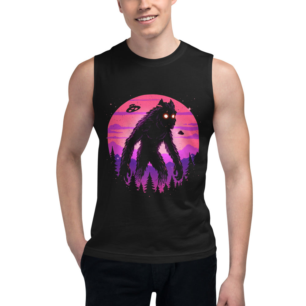 Sin Mangas Bigfoot UFO Retro Sunset - Modelo masculino