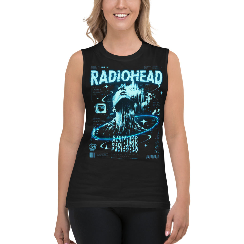 Sin Mangas Radiohead Kid A Cyan Glitch Face - Modelo femenina
