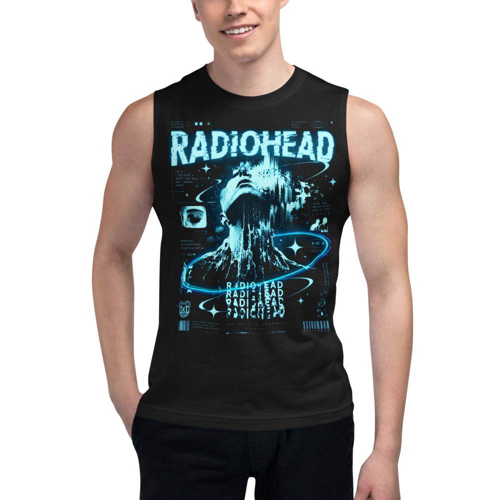 Sin Mangas Radiohead Kid A Cyan Glitch Face - Modelo masculino