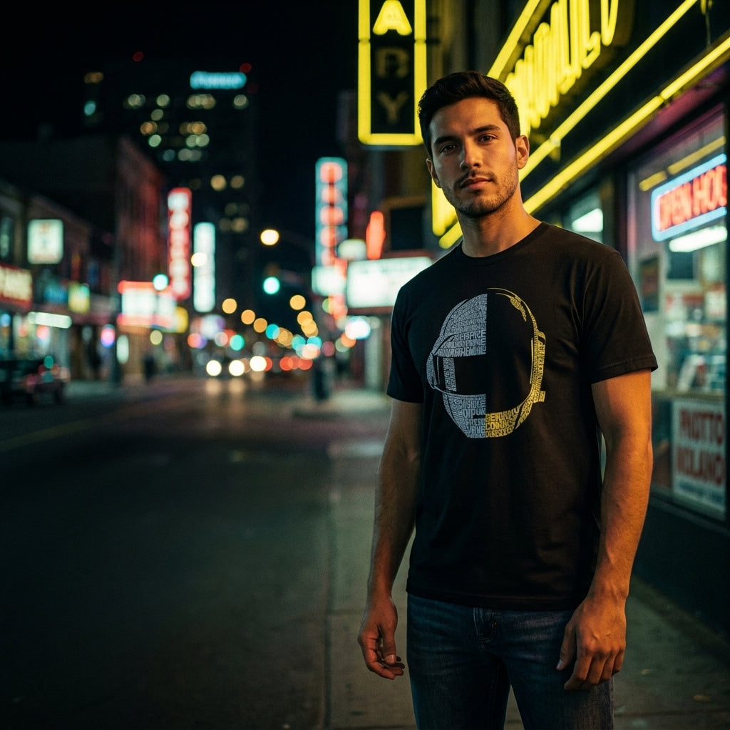 Fan SuperStar con playera Daft Punk en calle neón retro - hero