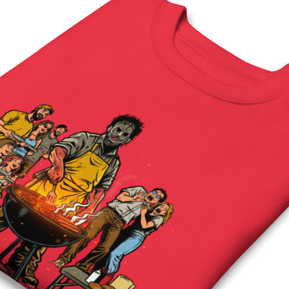 Suéter Leatherface Backyard BBQ Terrified Guests - Doblado zoom