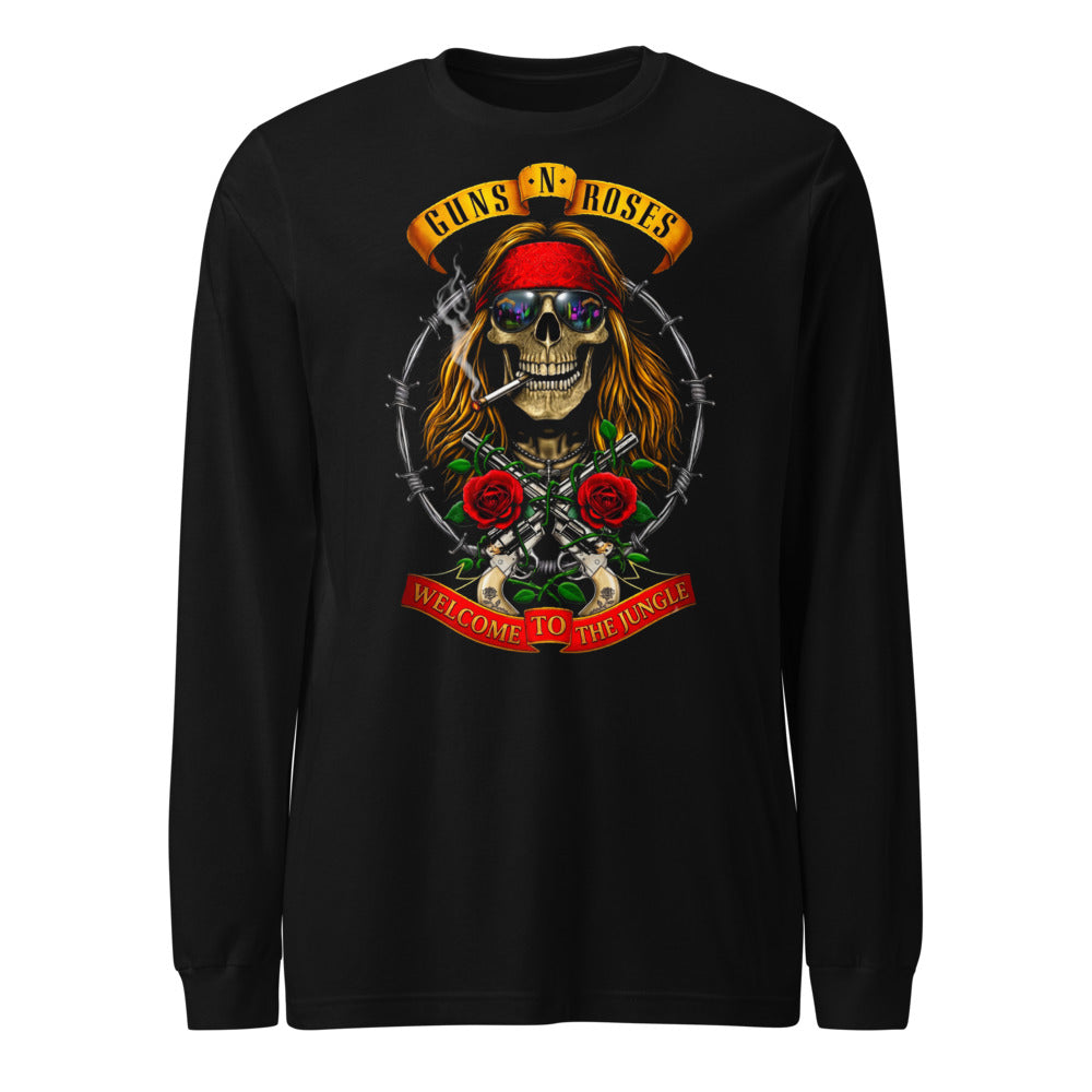 Guns N Roses Skull Welcome To The Jungle manga larga negra frente