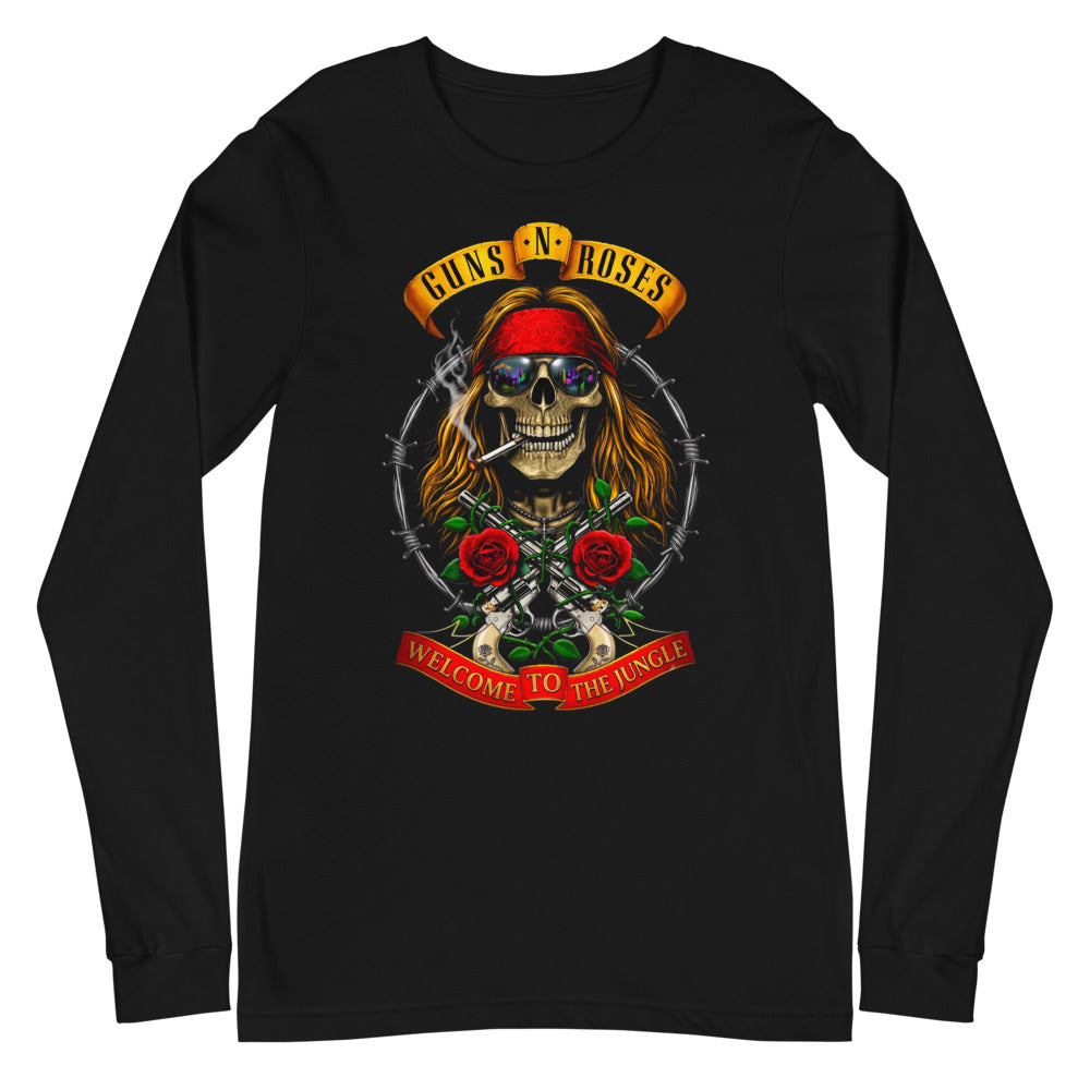 Guns N Roses Skull Welcome To The Jungle manga larga negra plano
