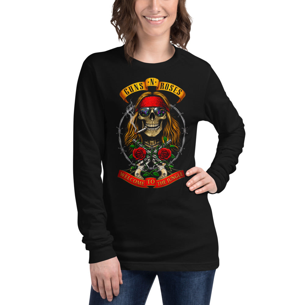 Guns N Roses Skull Welcome To The Jungle manga larga negra modelo femenina