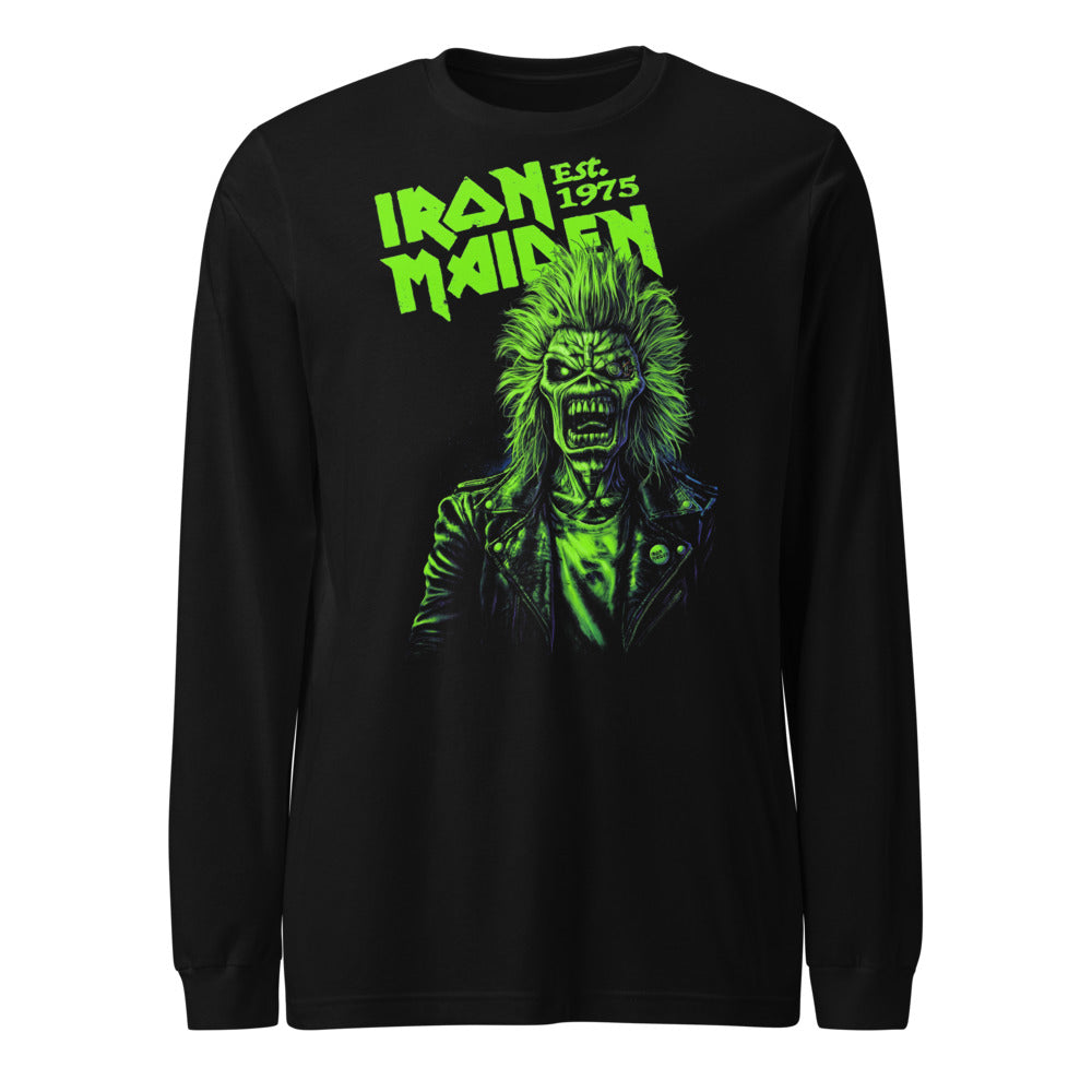 Iron Maiden Eddie Est 1975 Green manga larga negra frente