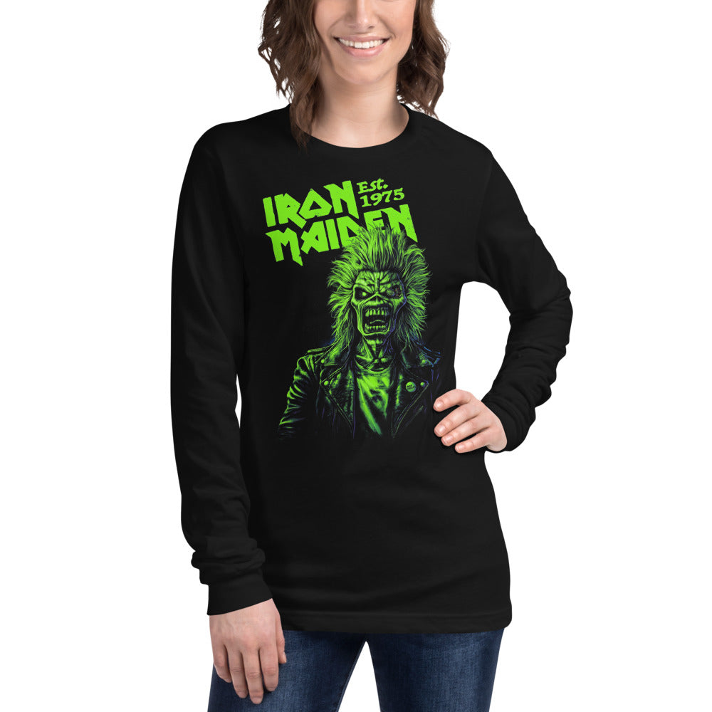 Iron Maiden Eddie Est 1975 Green manga larga negra modelo femenina