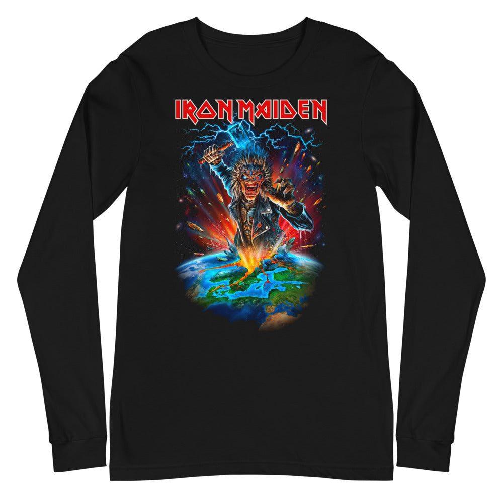 Iron Maiden Eddie Global Eruption manga larga negra plano