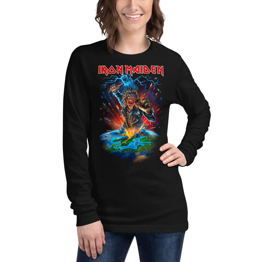Iron Maiden Eddie Global Eruption manga larga negra modelo femenina