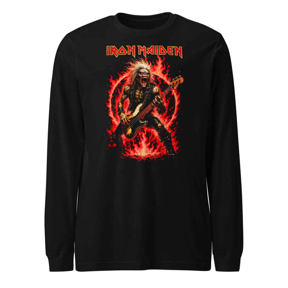Iron Maiden Eddie Red Guitar Flames manga larga negra frente