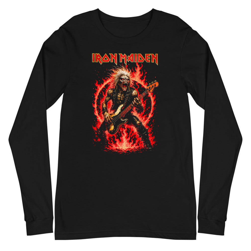 Iron Maiden Eddie Red Guitar Flames manga larga negra plano