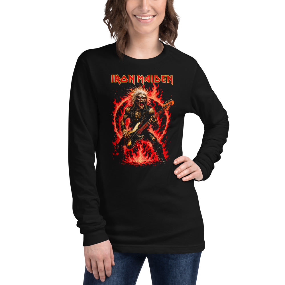 Iron Maiden Eddie Red Guitar Flames manga larga negra modelo femenina