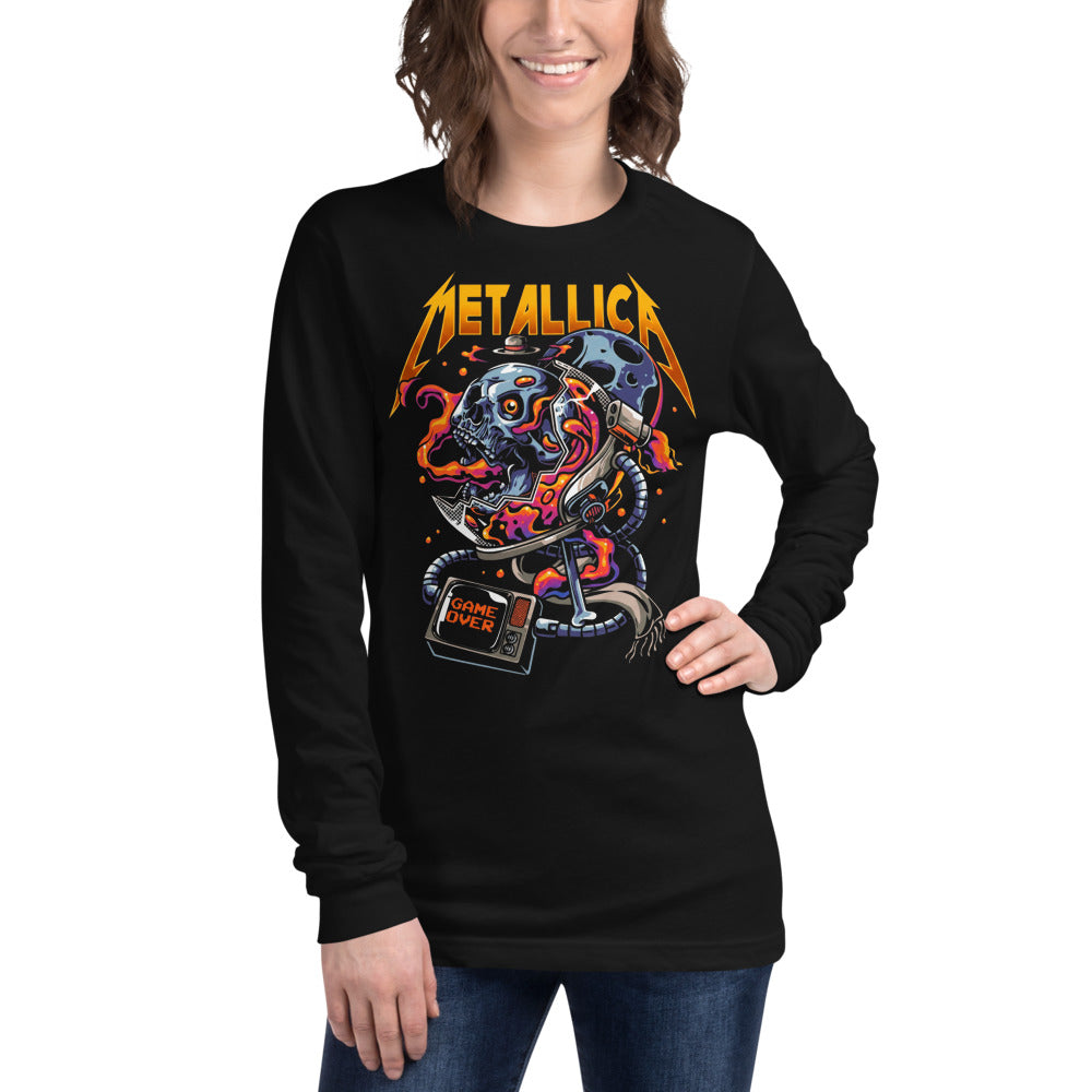 Metallica Cyborg Skull Game Over manga larga negra modelo femenina