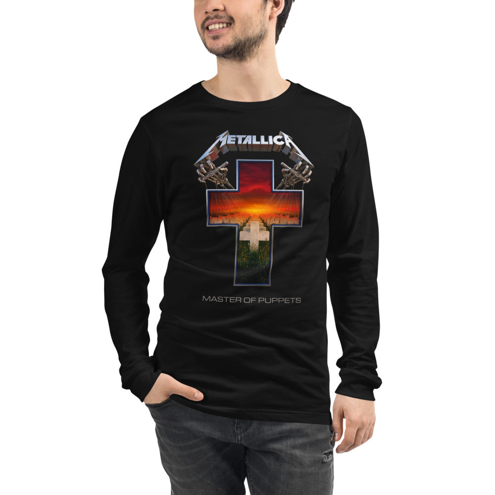 Metallica Master Of Puppets Cross Sunset manga larga negra modelo masculino