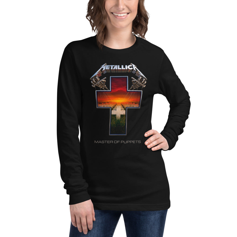 Metallica Master Of Puppets Cross Sunset manga larga negra modelo femenina