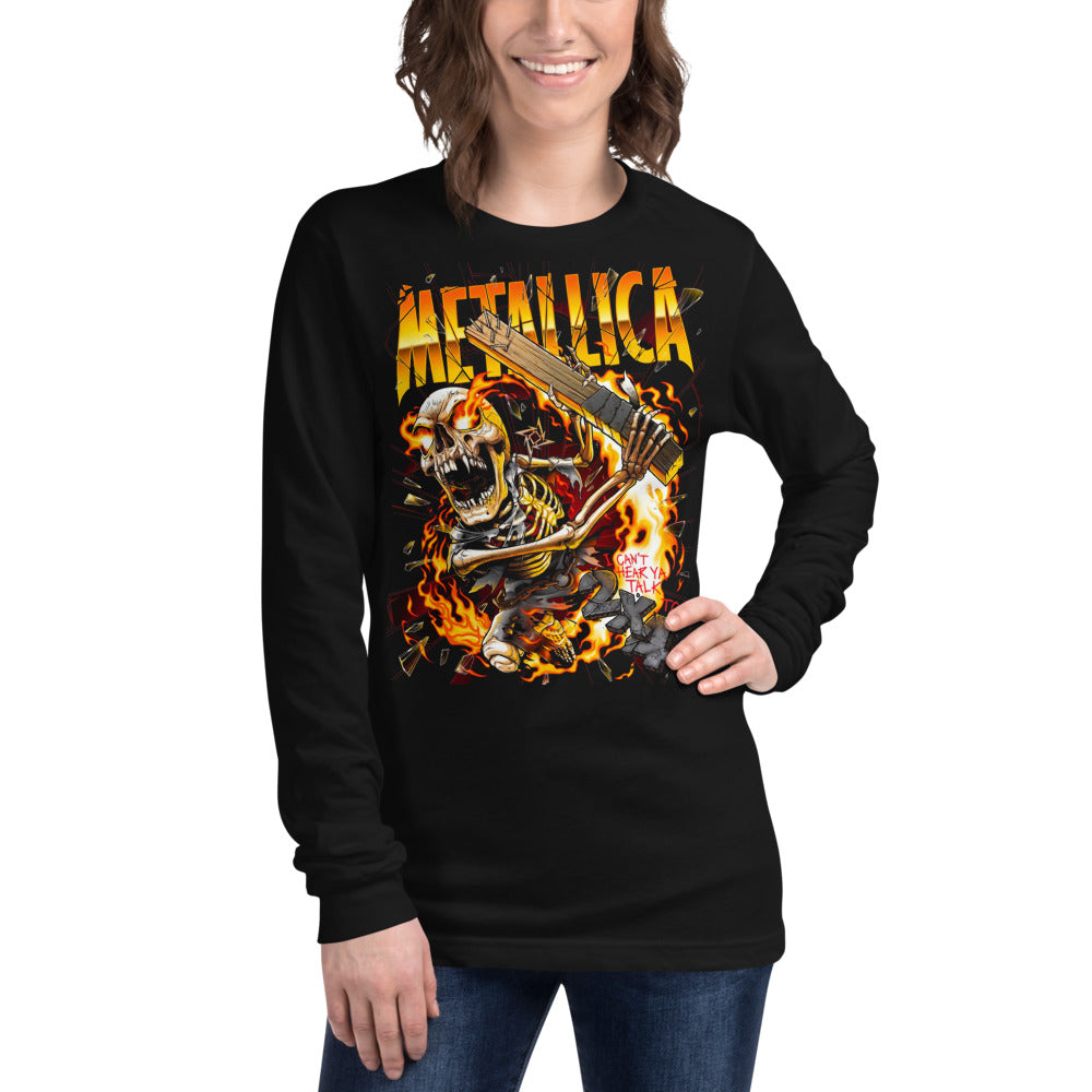 Metallica Skeleton Flaming Guitar manga larga negra modelo femenina